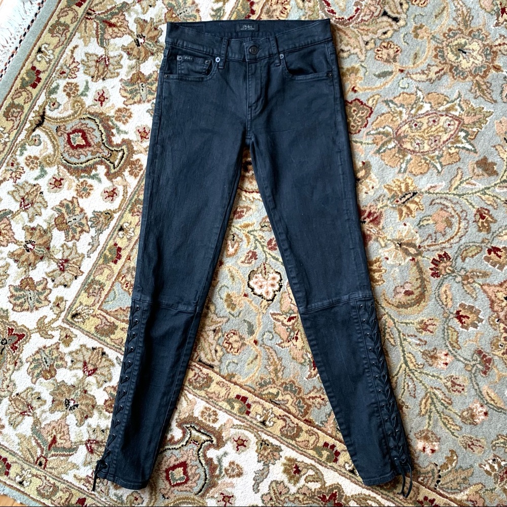 Polo Ralph Lauren Jeans Black Leather Lace Up Tompskin Moto Biker Grunge